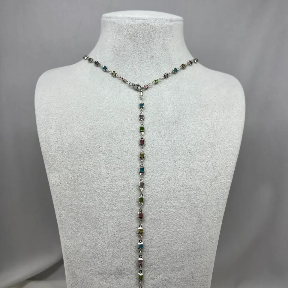 Pirinç I Renkli Taşlı Kare Y Kolye