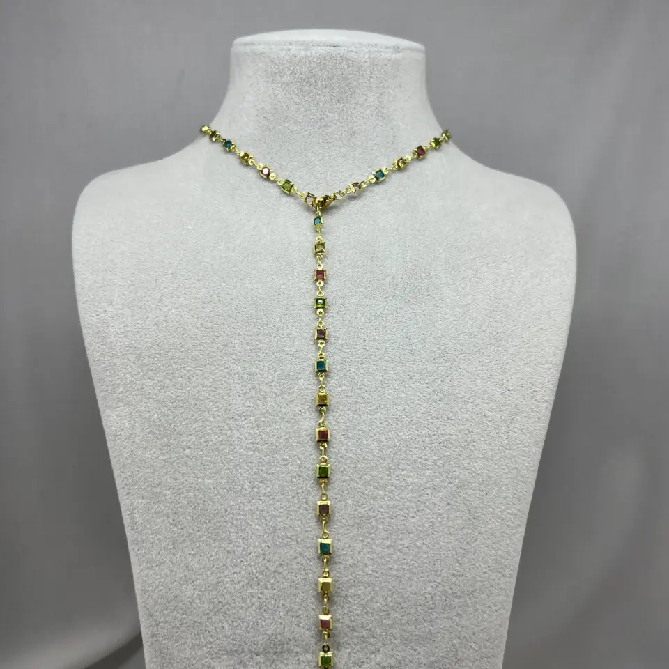 Pirinç I Renkli Taşlı Kare Y Kolye