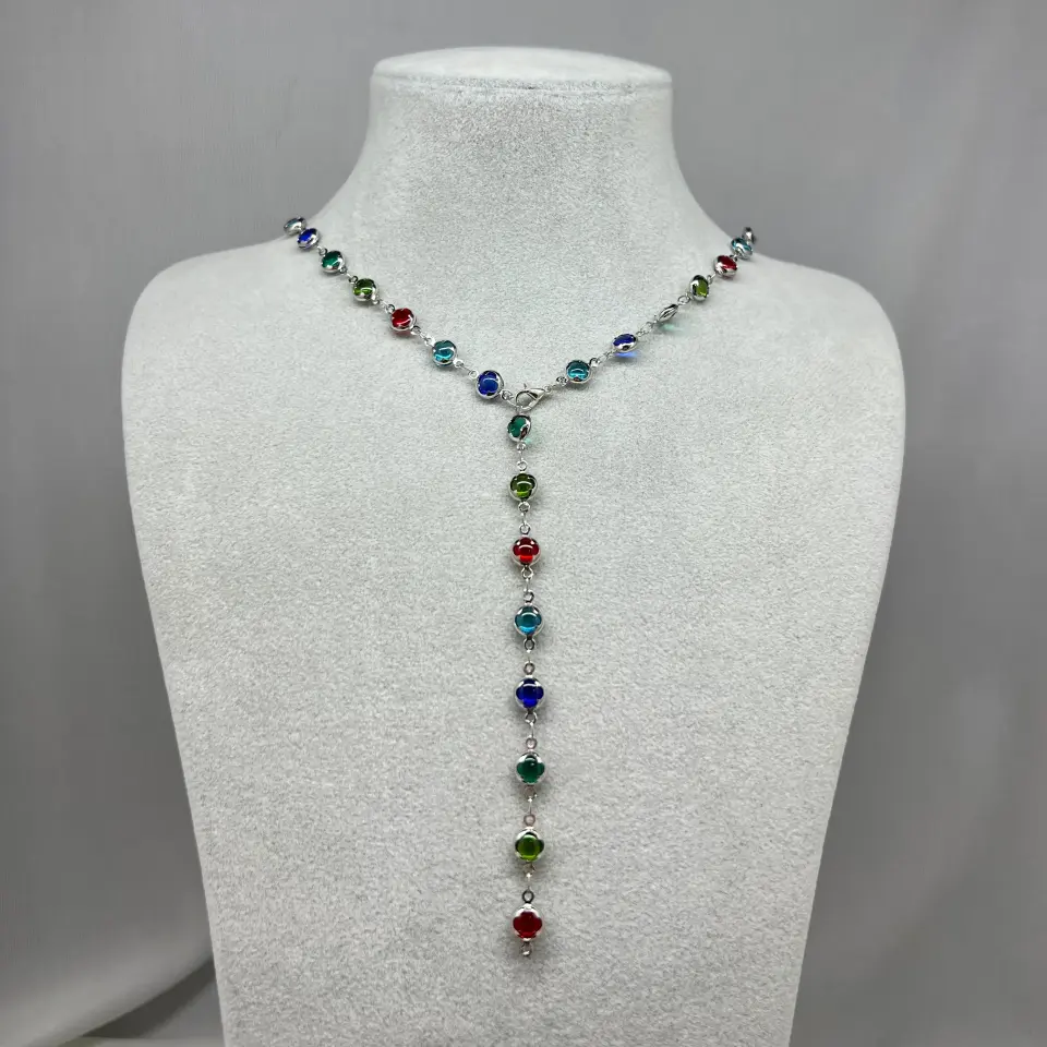 Pirinç I Renkli Taşlı Yuvarlak Y Kolye